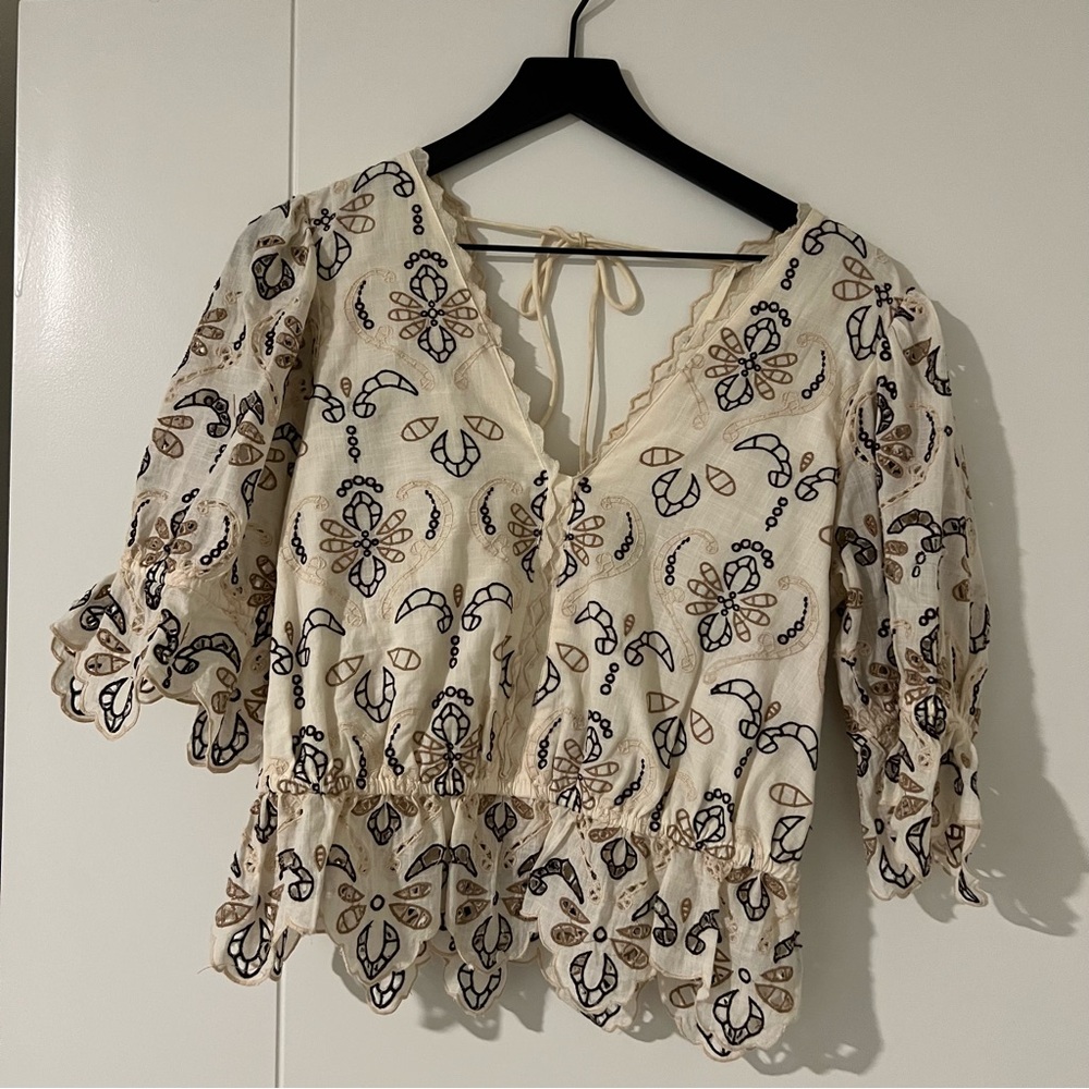Anthropologie Cream Floral Crochet Style Top